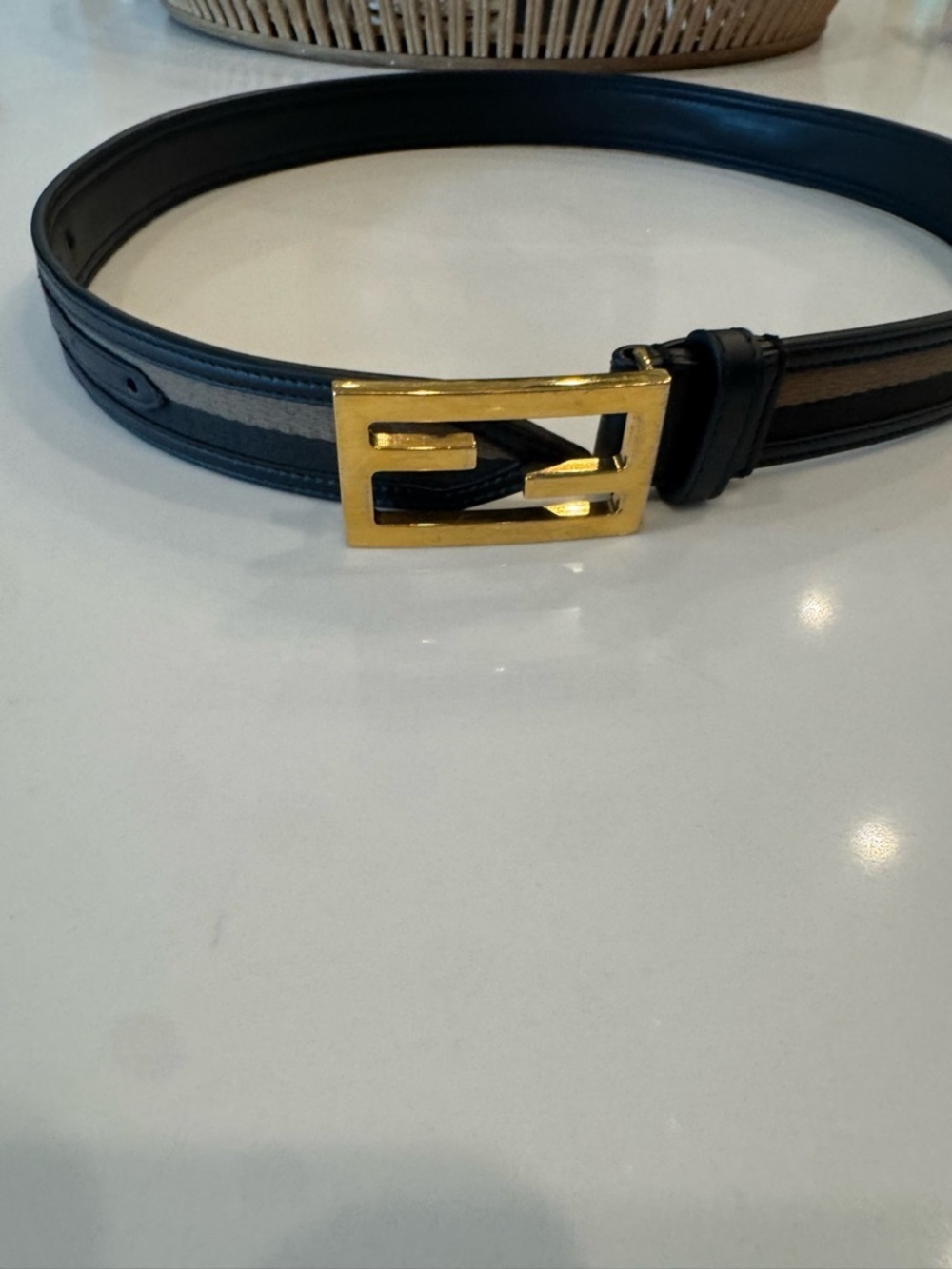 Fendi Black Baguette Leather $ Fabric Belt with Gold Fendi Logo Buckle